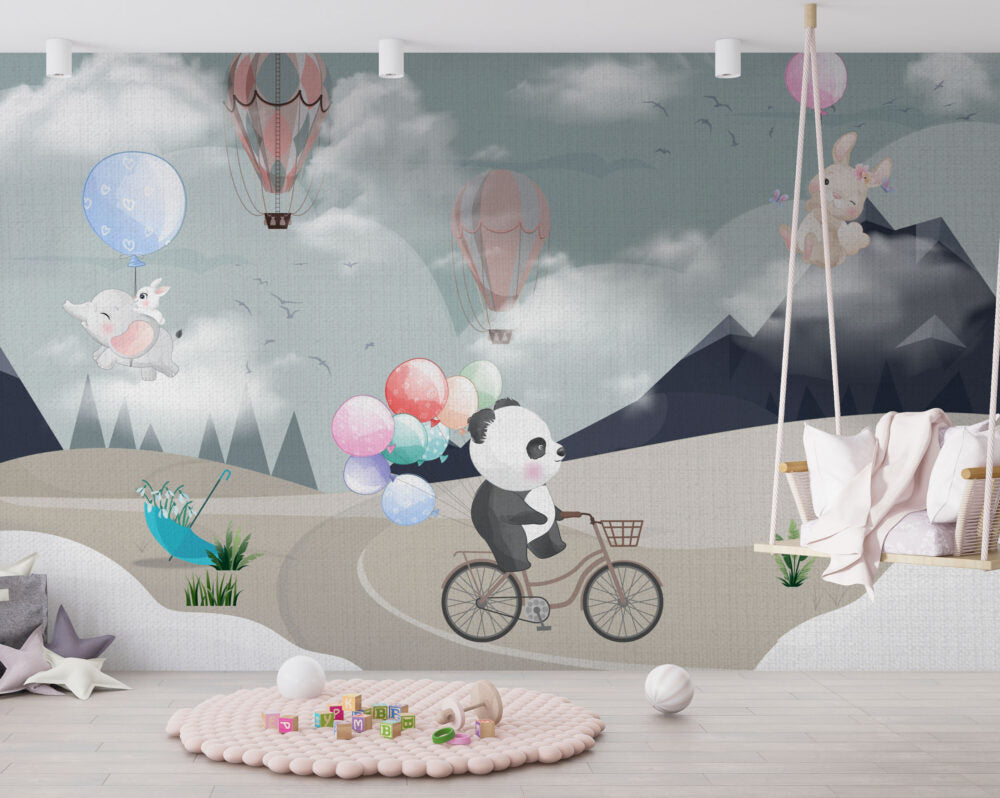 Panda Balloons Wallpaper : Flying Animals Kids Mural - View 3