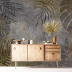 Distressed Leaf Concrete Wallpaper : Grey Plaster Botanical Mural
