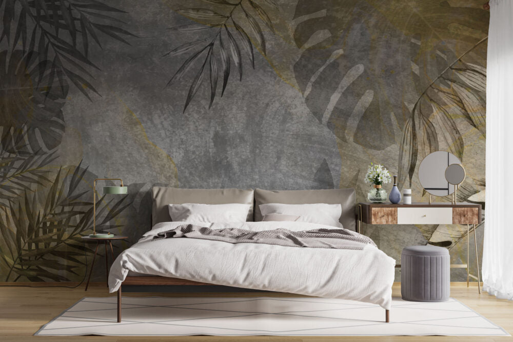 Distressed Leaf Concrete Wallpaper : Grey Plaster Botanical Mural - View 4