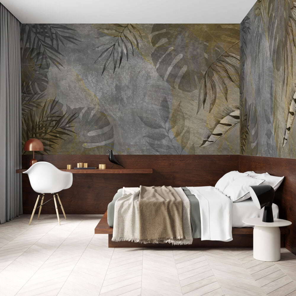 Distressed Leaf Concrete Wallpaper : Grey Plaster Botanical Mural - View 3