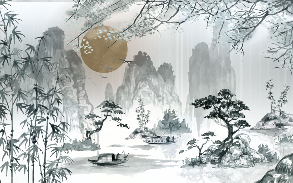 Bamboo Mountain Wallpaper : Chinese Ink Landscape Mural - View 2