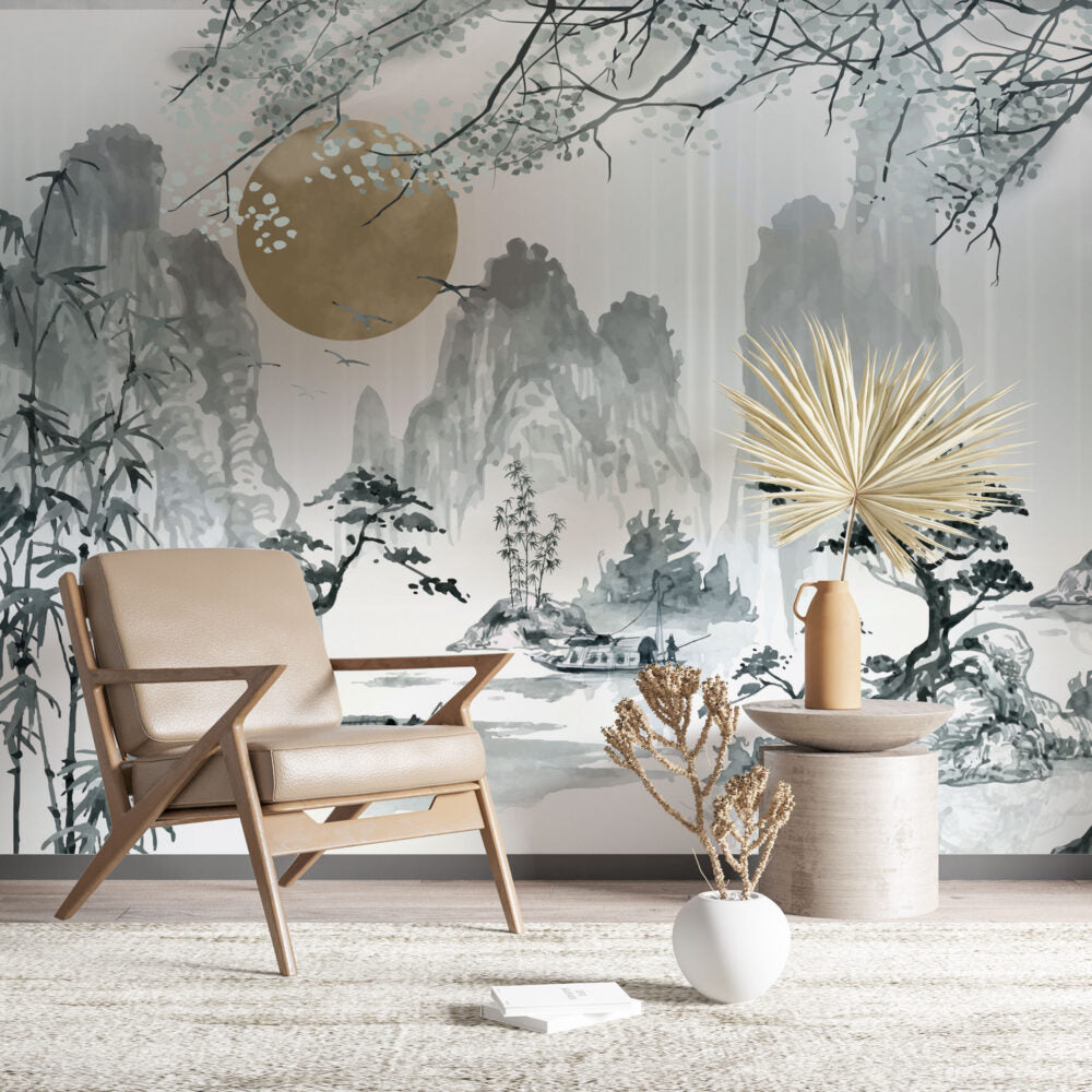 Bamboo Mountain Wallpaper : Chinese Ink Landscape Mural - View 4
