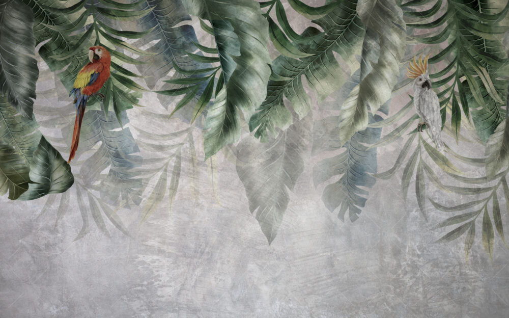 Hanging Tropical Leaf Wallpaper : Parrot Grey Plaster Mural - View 2