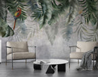 Hanging Tropical Leaf Wallpaper : Parrot Grey Plaster Mural - View 4