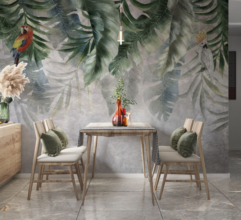 Hanging Tropical Leaf Wallpaper : Parrot Grey Plaster Mural