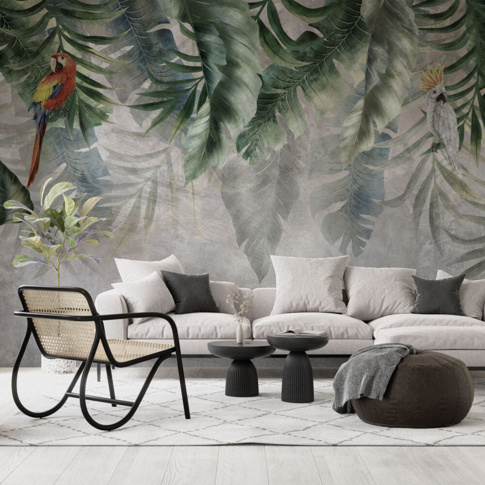 Hanging Tropical Leaf Wallpaper : Parrot Grey Plaster Mural - View 3