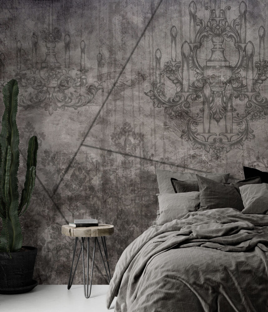 Distressed Baroque Wallpaper : Faded Damask Ornament Mural