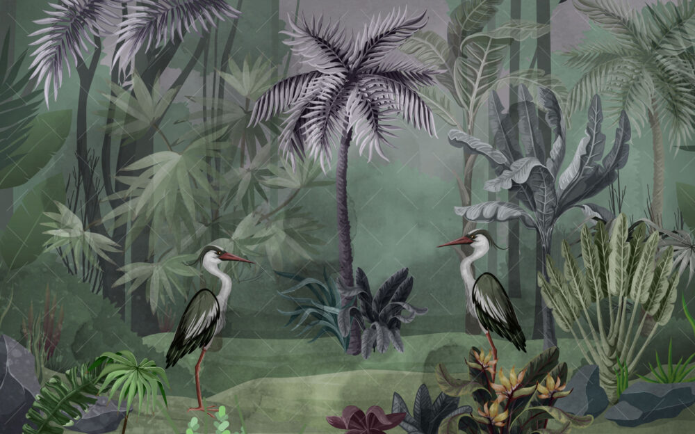 Dark Heron Jungle Wallpaper : Moody Tropical Mural - View 2