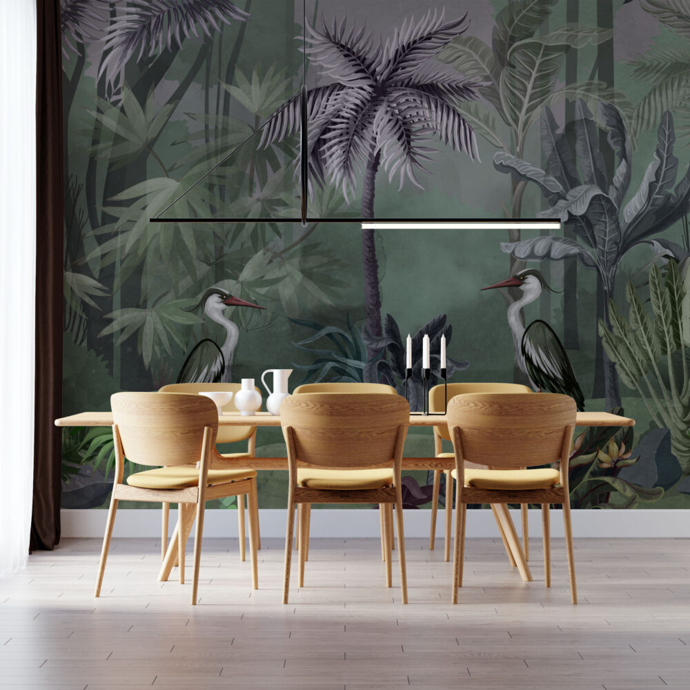 Dark Heron Jungle Wallpaper : Moody Tropical Mural - View 4