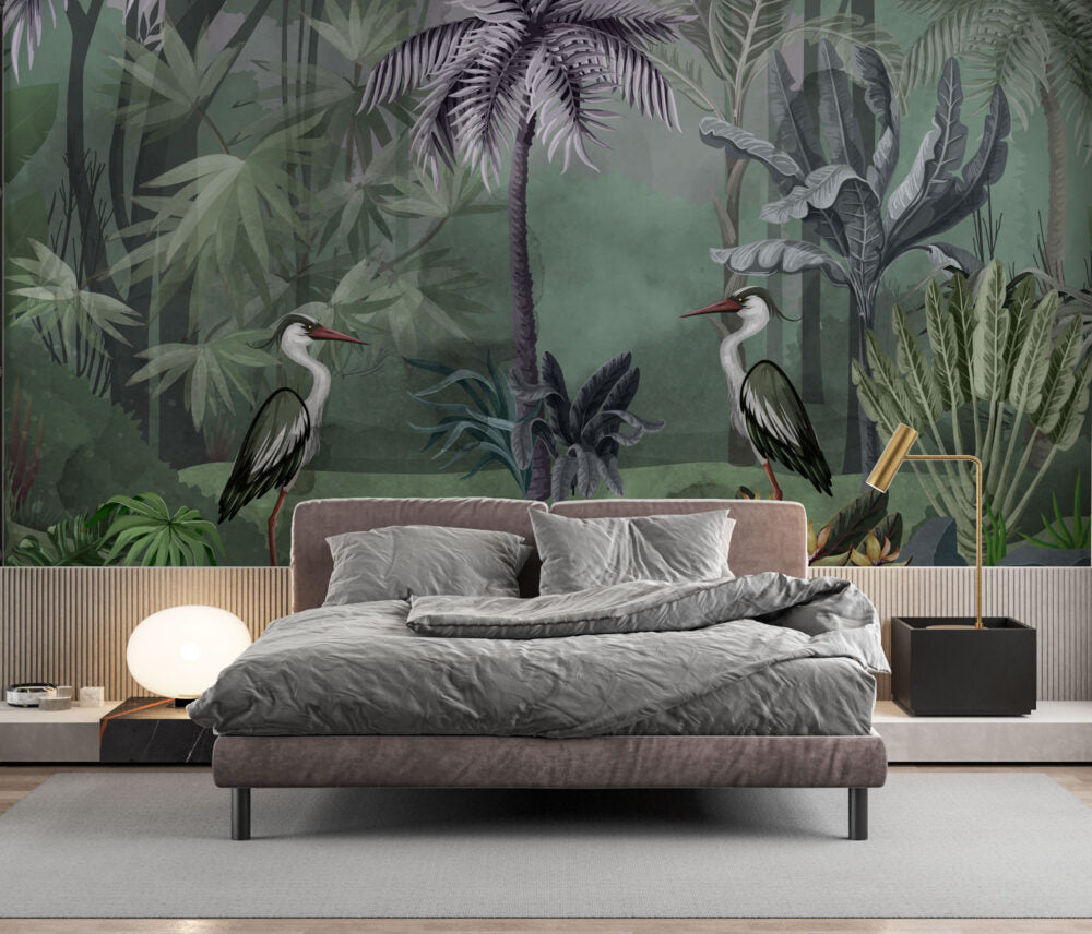 Dark Heron Jungle Wallpaper : Moody Tropical Mural - View 3