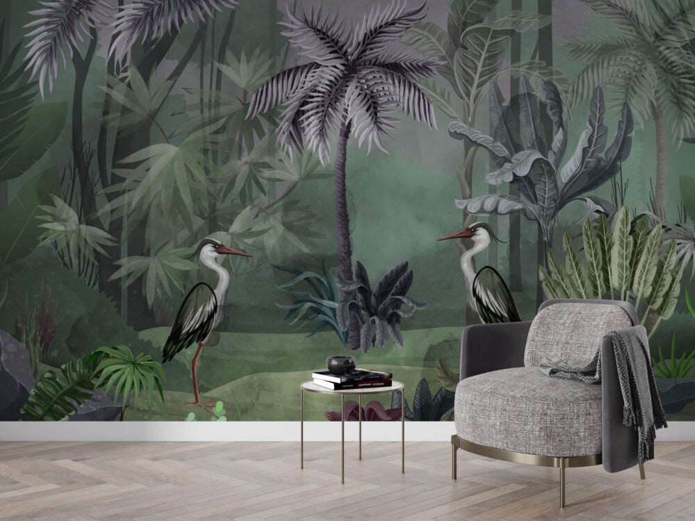 Dark Heron Jungle Wallpaper : Moody Tropical Mural