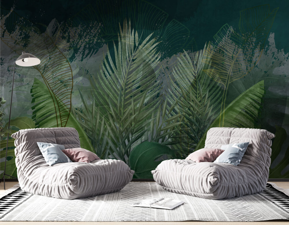 Dark Palm Frond Wallpaper : Deep Green Jungle Mural - View 3