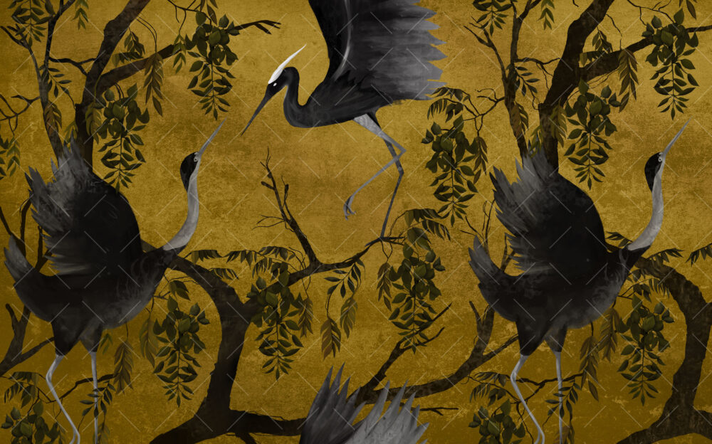 Mustard Heron Branch Wallpaper : Gold Chinoiserie Birds Mural - View 2