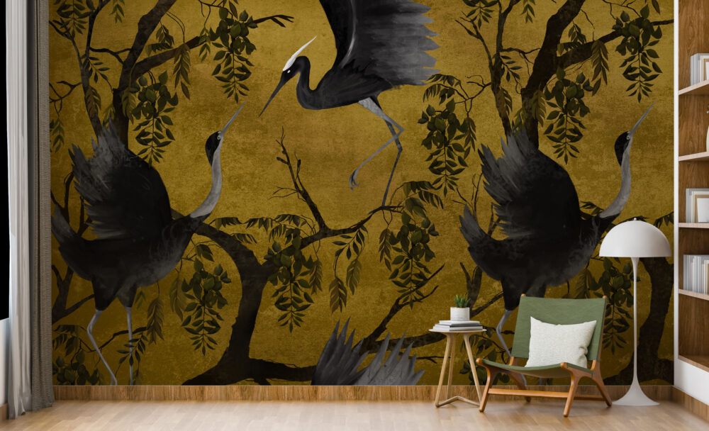 Mustard Heron Branch Wallpaper : Gold Chinoiserie Birds Mural - View 4