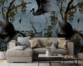 Blue Heron Branch Wallpaper : Dark Chinoiserie Birds Mural