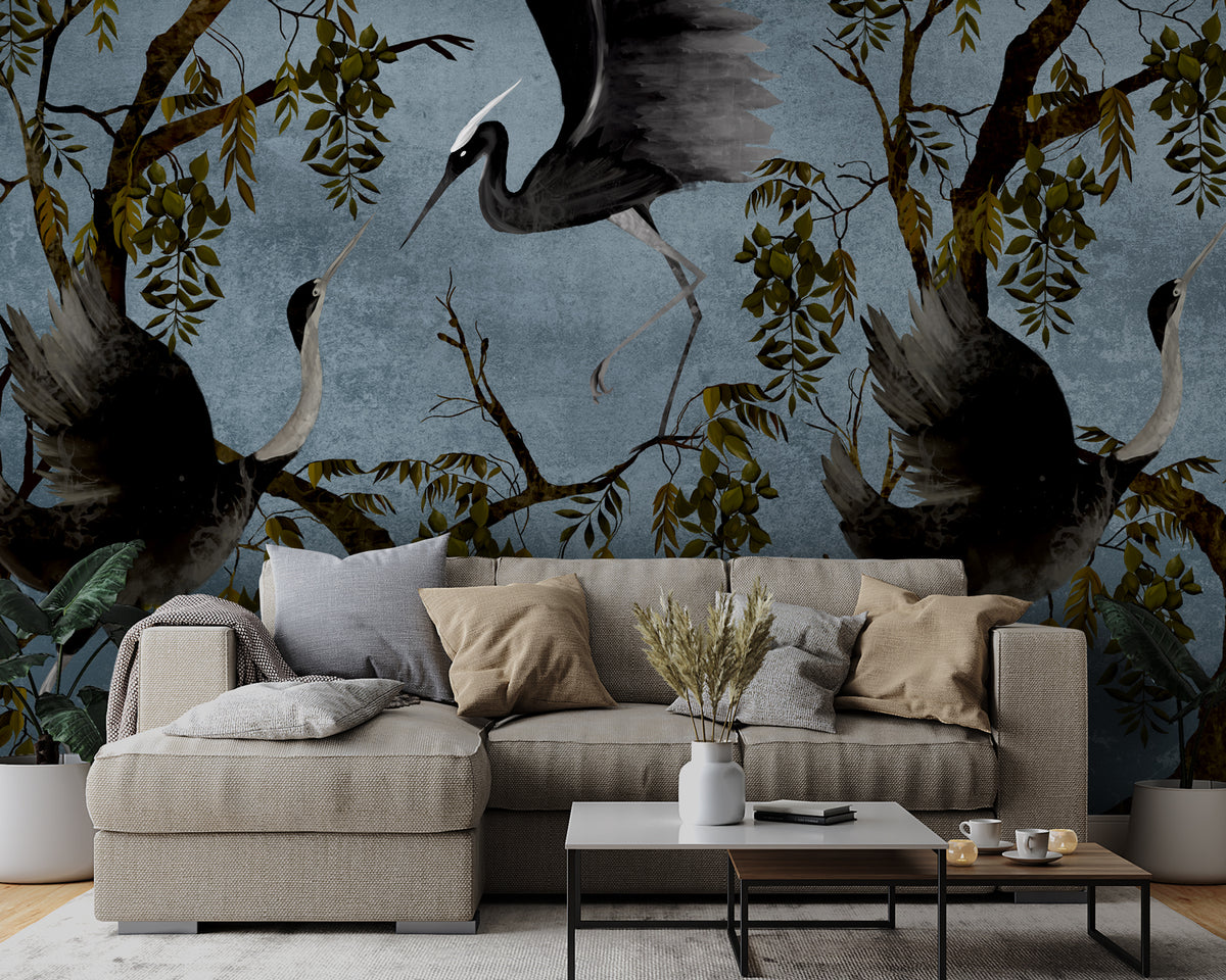 Blue Heron Branch Wallpaper : Dark Chinoiserie Birds Mural