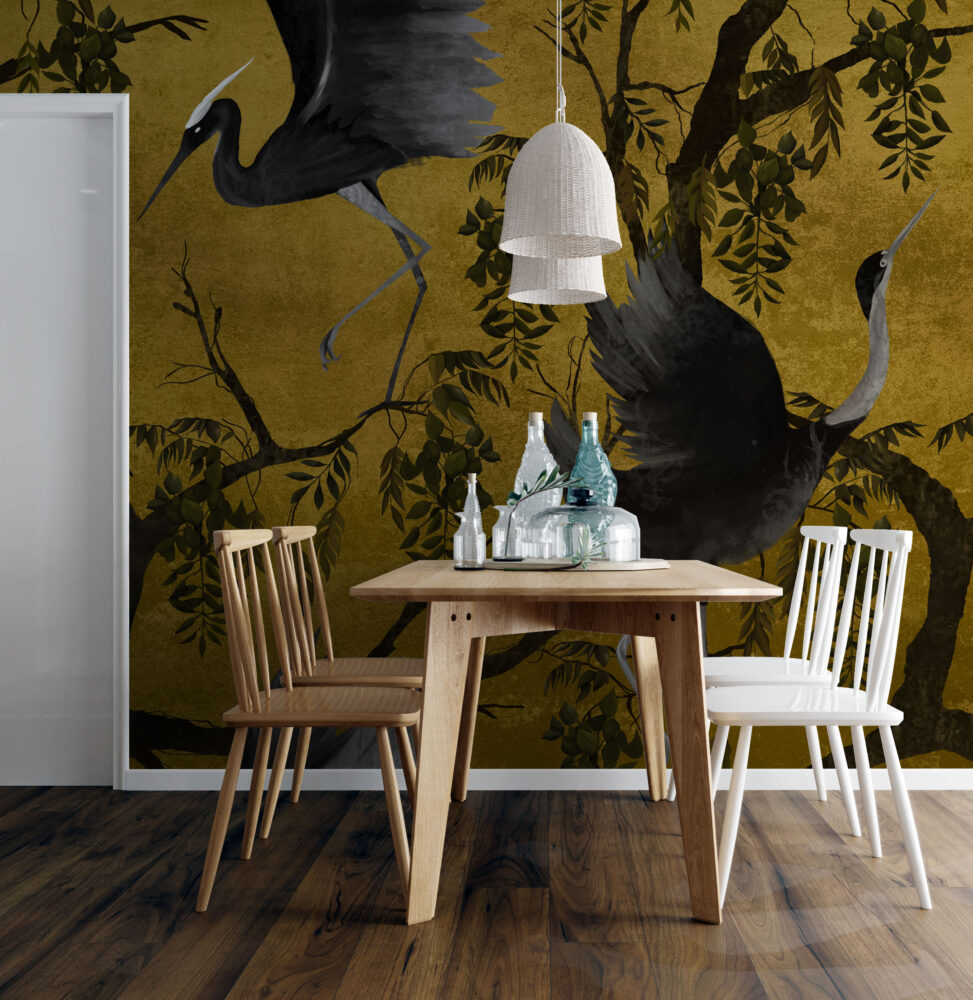 Mustard Heron Branch Wallpaper : Gold Chinoiserie Birds Mural