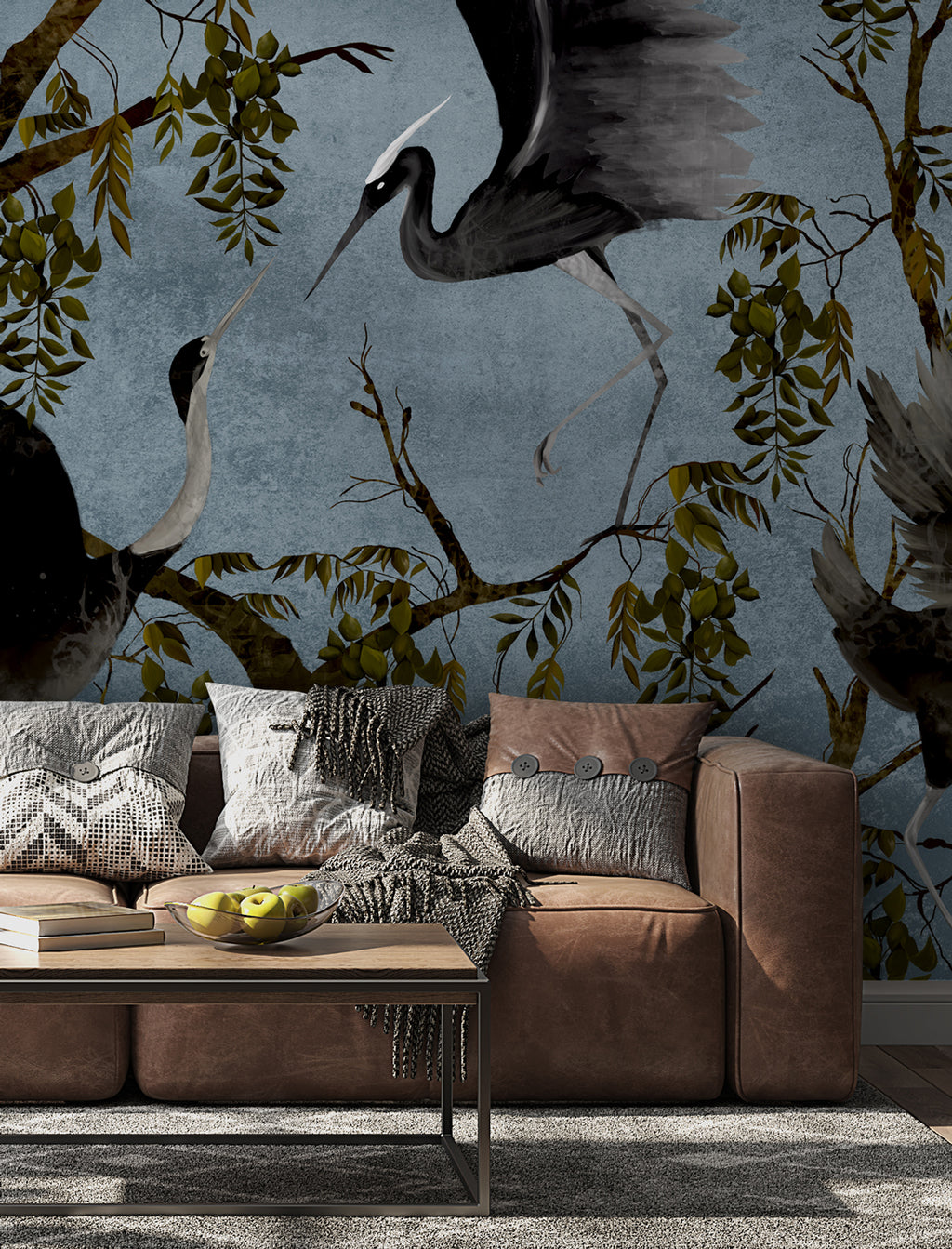 Blue Heron Branch Wallpaper : Dark Chinoiserie Birds Mural - View 3