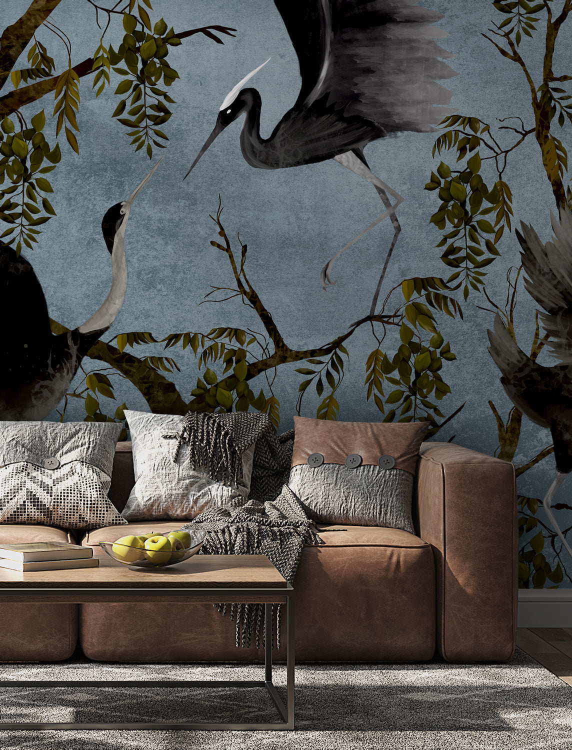 Blue Heron Branch Wallpaper : Dark Chinoiserie Birds Mural - View 3
