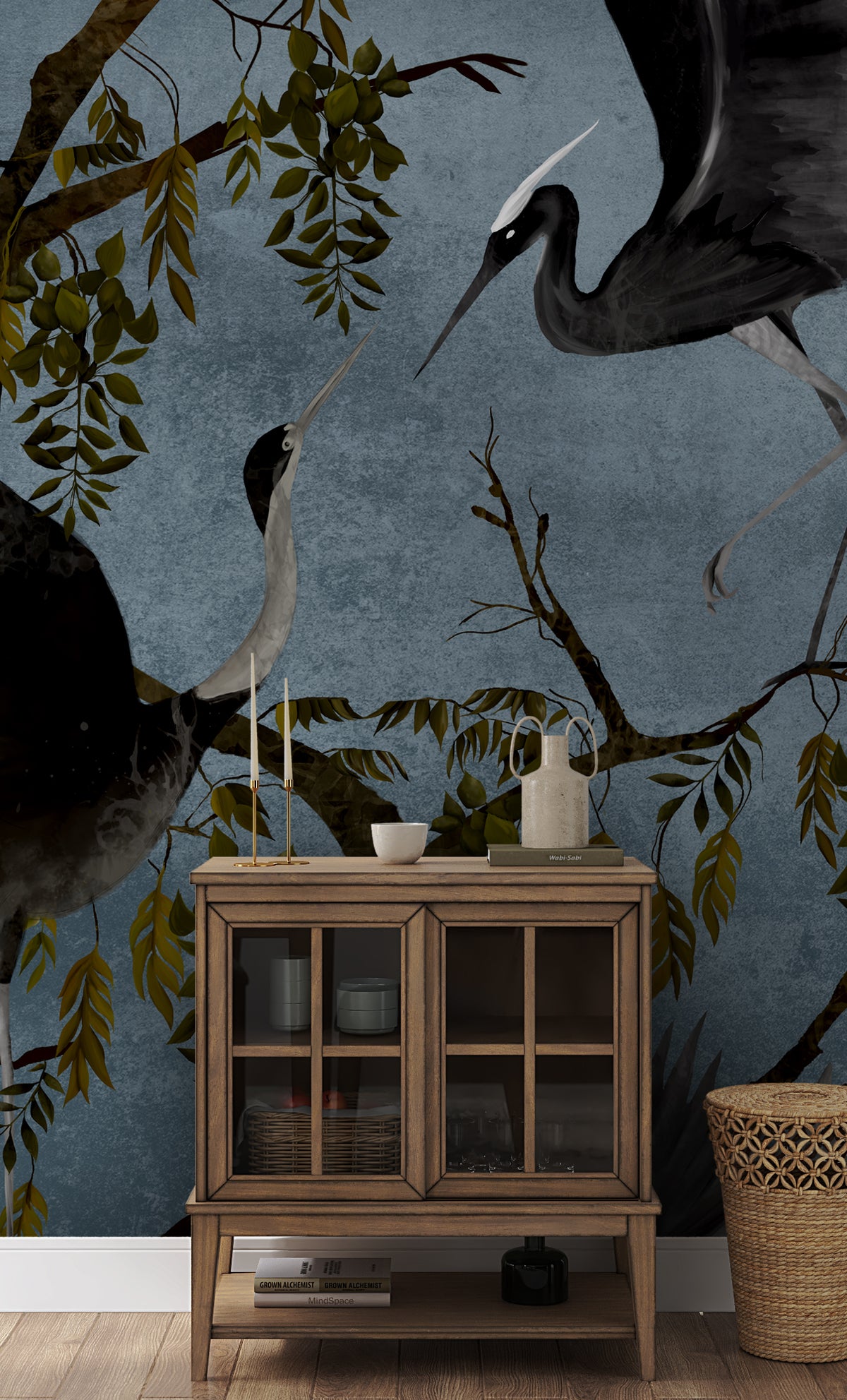 Blue Heron Branch Wallpaper : Dark Chinoiserie Birds Mural - View 4