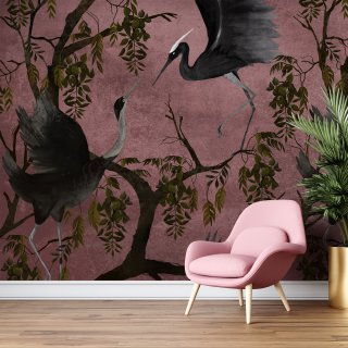Mustard Heron Branch Wallpaper : Gold Chinoiserie Birds Mural - View 5