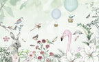 Bunny Flamingo Garden Wallpaper : Botanical Kids Mural - View 2