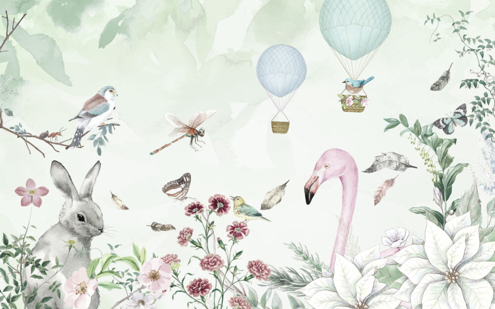 Bunny Flamingo Garden Wallpaper : Botanical Kids Mural - View 2