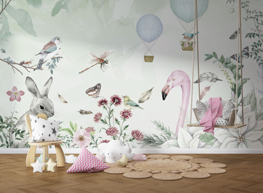 Bunny Flamingo Garden Wallpaper : Botanical Kids Mural