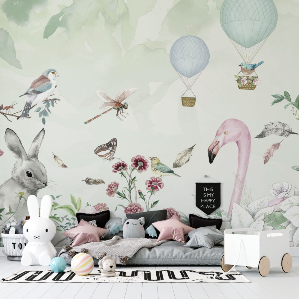 Bunny Flamingo Garden Wallpaper : Botanical Kids Mural - View 4