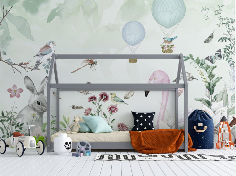 Bunny Flamingo Garden Wallpaper : Botanical Kids Mural - View 3
