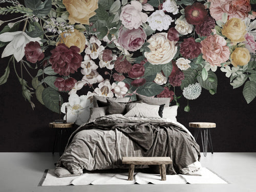 Hanging Rose Bouquet Wallpaper : Dark Floral Cascade Mural