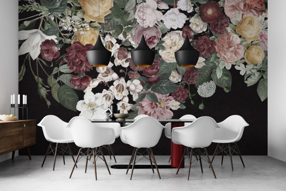 Hanging Rose Bouquet Wallpaper : Dark Floral Cascade Mural - View 4