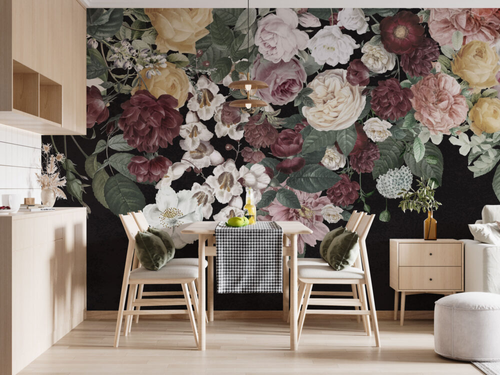 Hanging Rose Bouquet Wallpaper : Dark Floral Cascade Mural - View 3