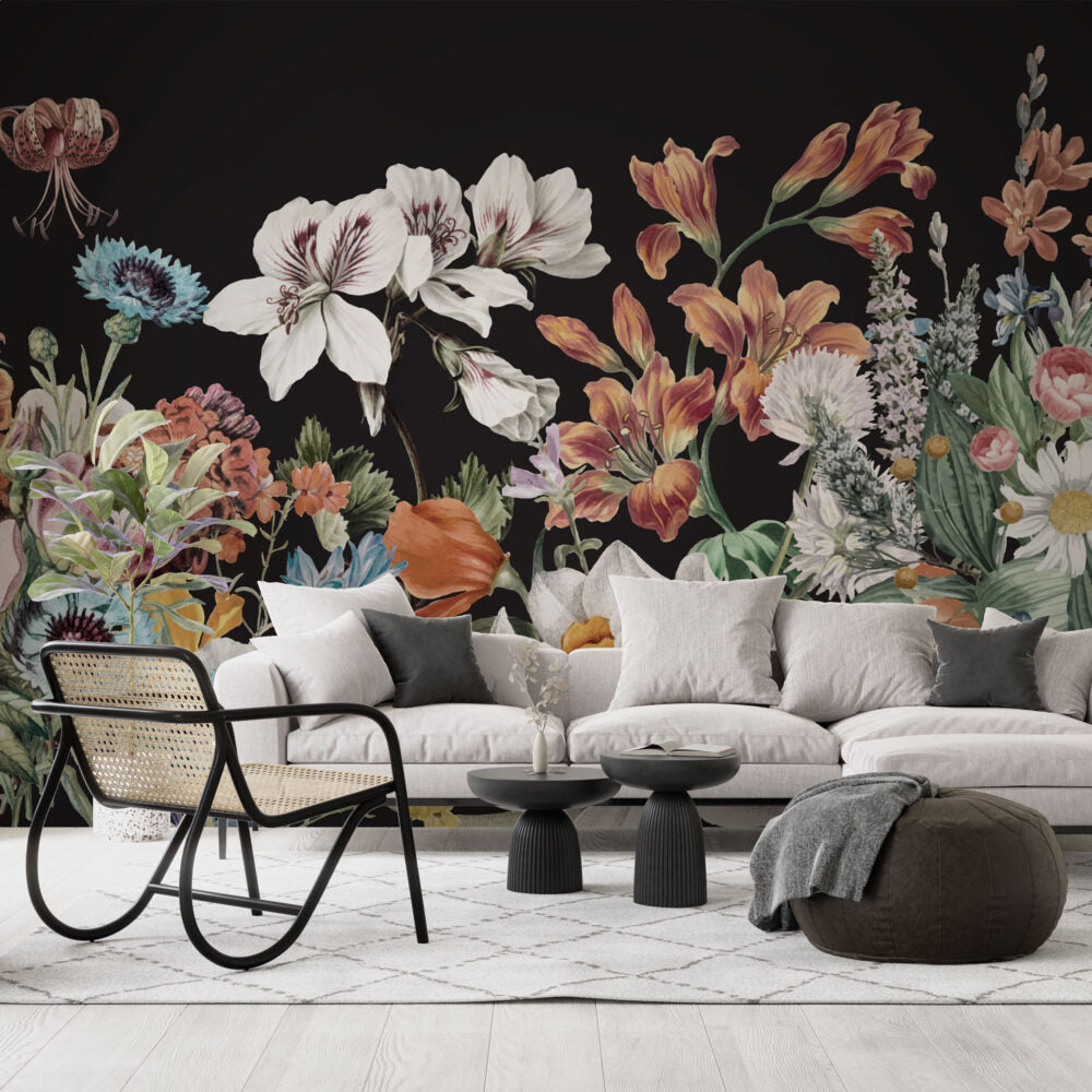 Dark Daisy Floral Wallpaper : Moody Botanical Mural - View 3