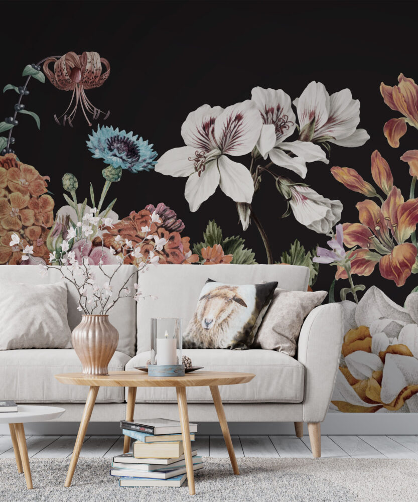 Dark Daisy Floral Wallpaper : Moody Botanical Mural - View 2