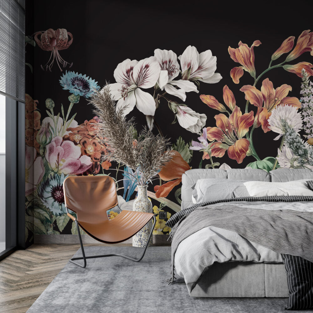 Dark Daisy Floral Wallpaper : Moody Botanical Mural