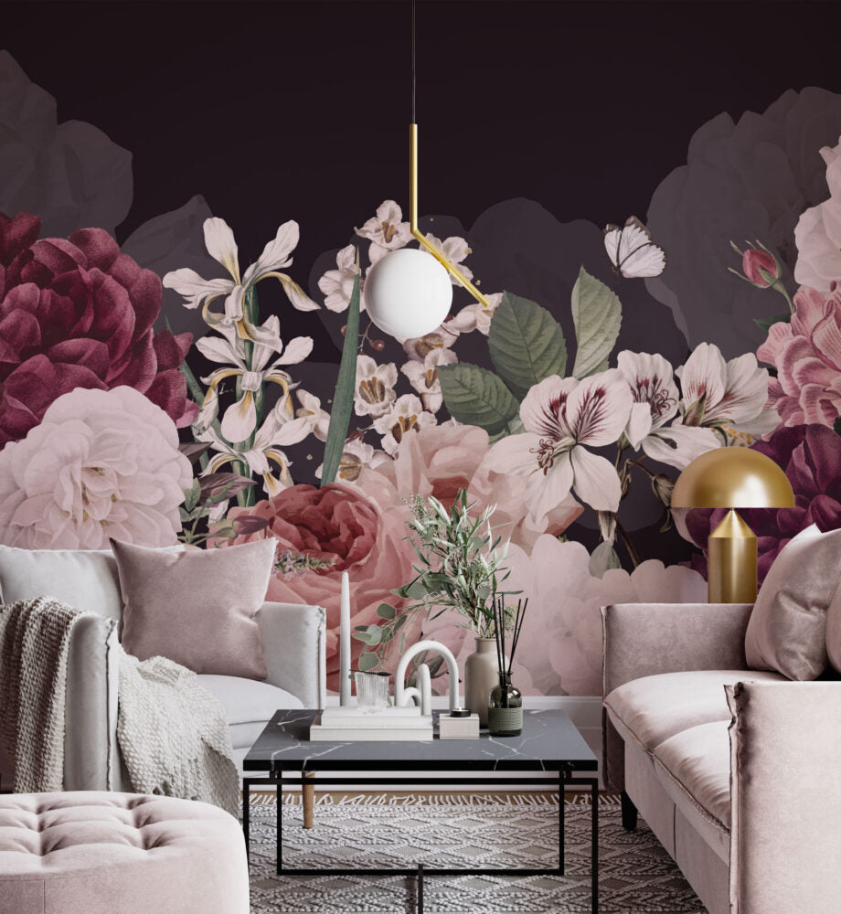 Black Floral Wallpaper : Blush Rose And Blossom Mural - View 3