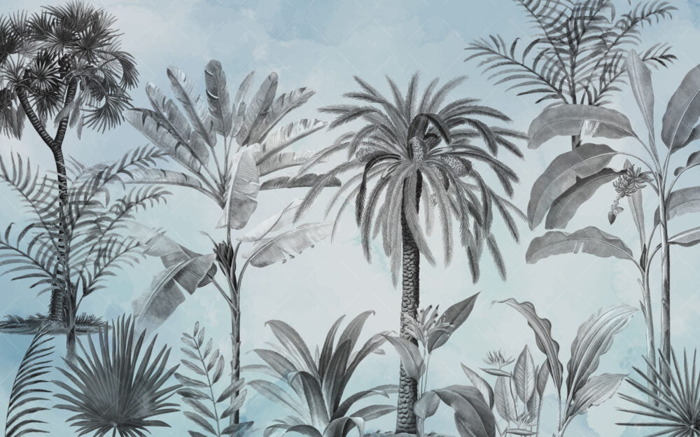 Pale Blue Tropical Palm Wallpaper : Soft Sketch Jungle Mural - View 2