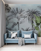 Pale Blue Tropical Palm Wallpaper : Soft Sketch Jungle Mural - View 4
