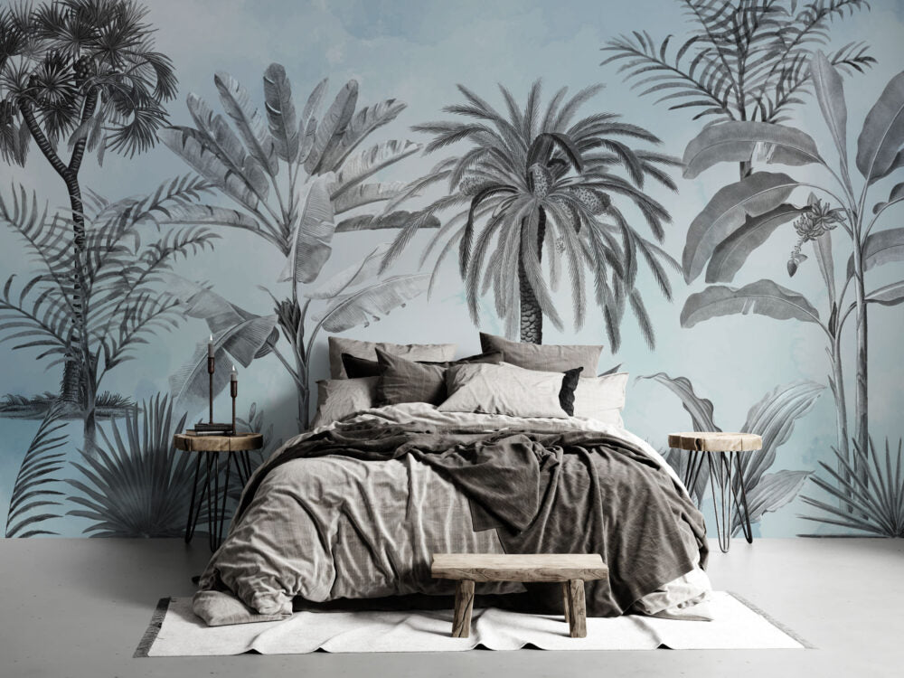 Pale Blue Tropical Palm Wallpaper : Soft Sketch Jungle Mural