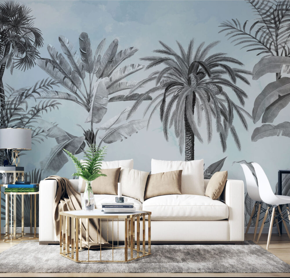 Pale Blue Tropical Palm Wallpaper : Soft Sketch Jungle Mural - View 3