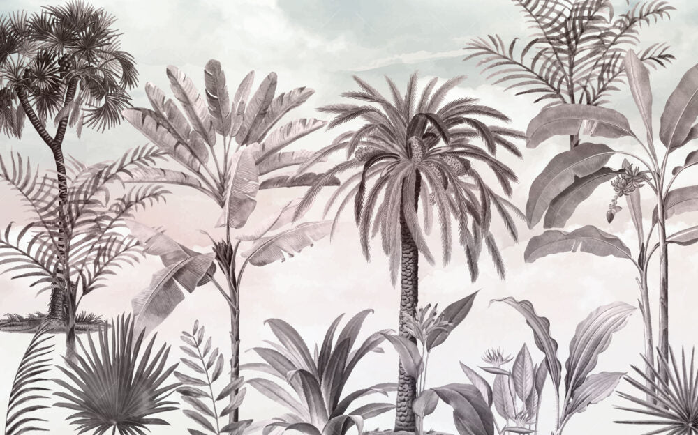 Blush Tropical Palm Wallpaper : Soft Sketch Jungle Mural - View 2