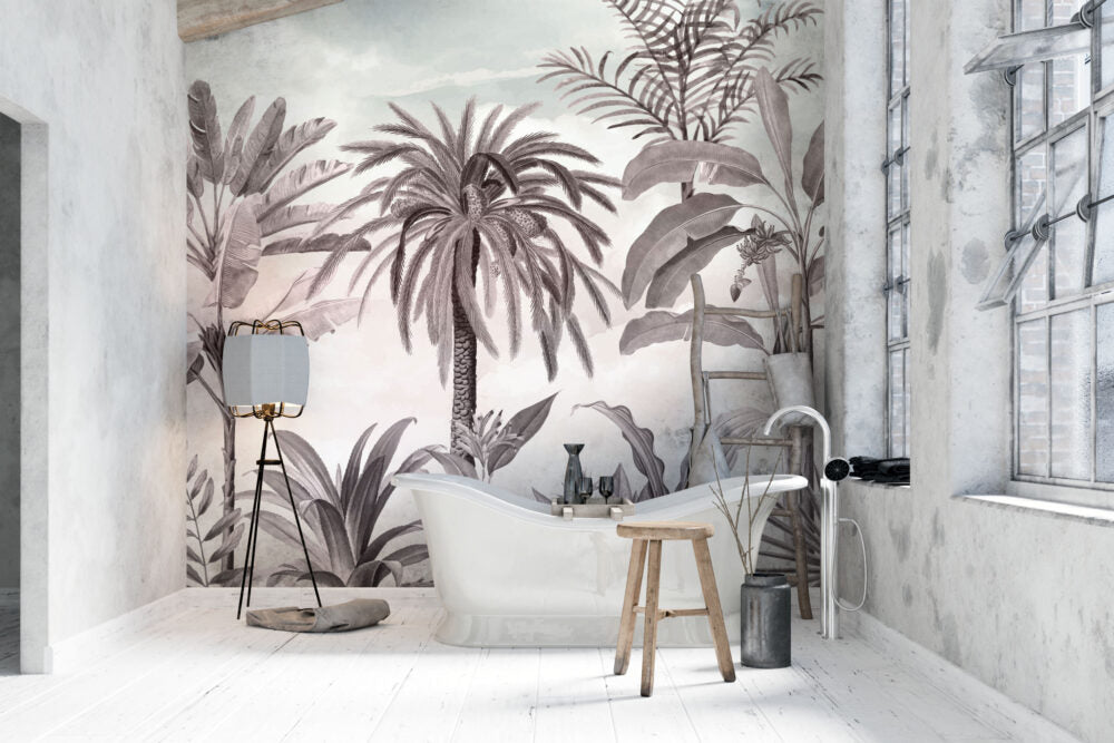 Blush Tropical Palm Wallpaper : Soft Sketch Jungle Mural