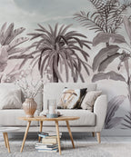 Blush Tropical Palm Wallpaper : Soft Sketch Jungle Mural - View 3