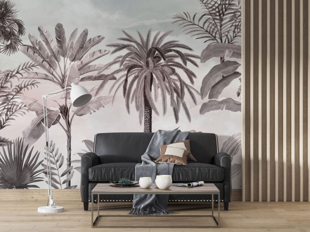 Blush Tropical Palm Wallpaper : Soft Sketch Jungle Mural - View 4