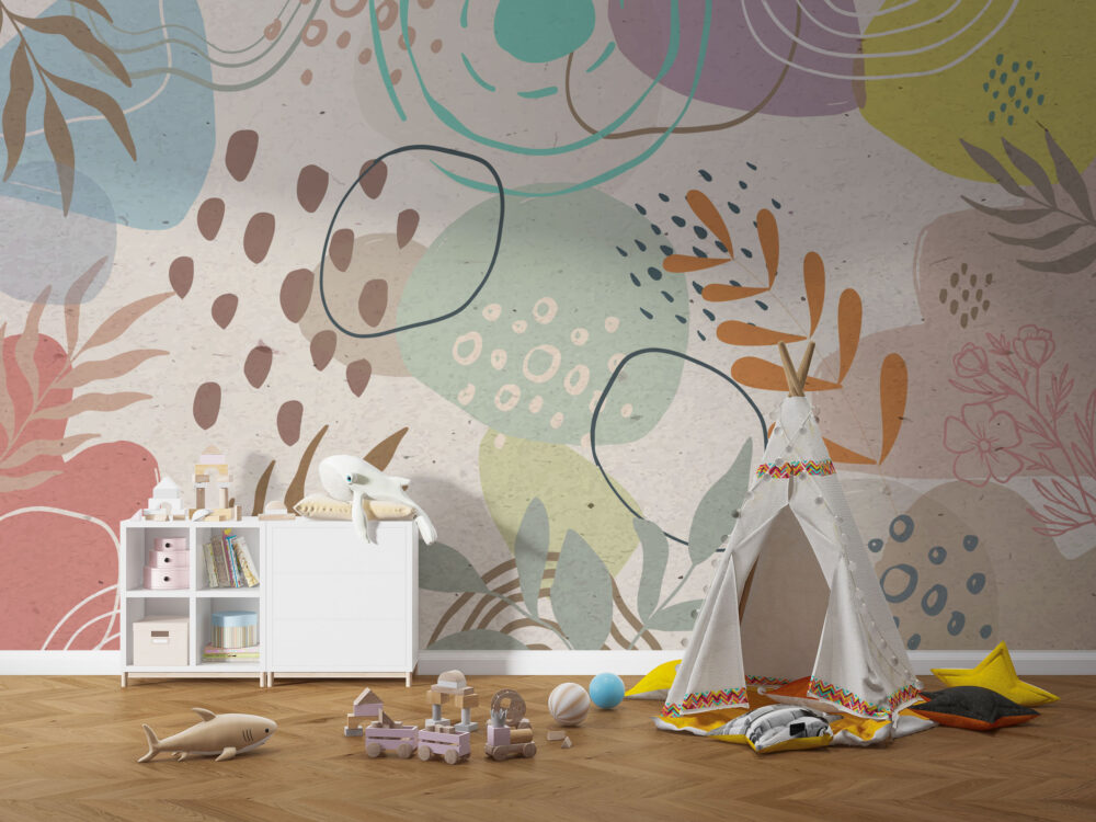 Pastel Abstract Shapes Wallpaper : Playful Leaf And Dot Kids Mural - View 4