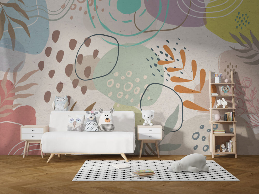 Pastel Abstract Shapes Wallpaper : Playful Leaf And Dot Kids Mural