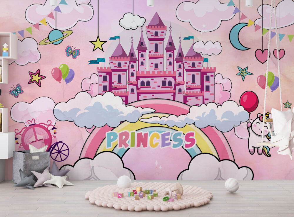 Pink Princess Castle Wallpaper : Rainbow Clouds Fairy Tale Mural
