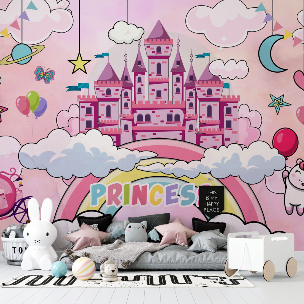 Pink Princess Castle Wallpaper : Rainbow Clouds Fairy Tale Mural - View 3