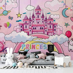 Pink Princess Castle Wallpaper : Rainbow Clouds Fairy Tale Mural - View 3